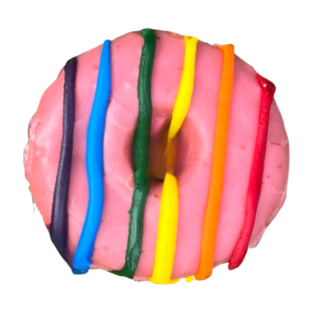 Pink donut with colorful ribbons on a white background